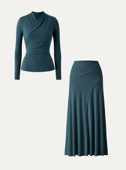 2Pcs Set Surplice Long Sleeve Top & A-Line Midi Skirt