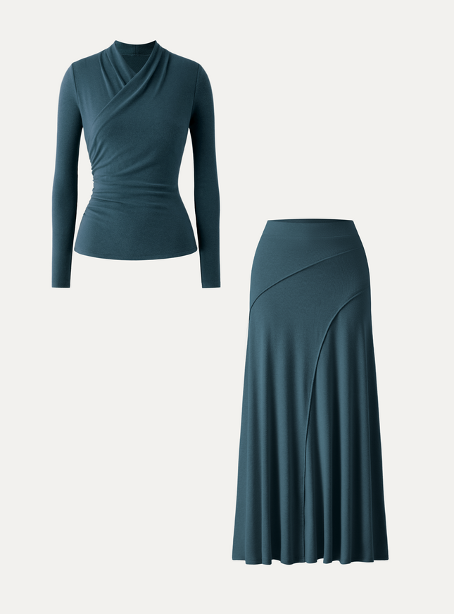 2Pcs Set Surplice Long Sleeve Top & A-Line Midi Skirt