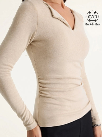 Flapped V-Neck Long Sleeve Ruched Built-In Bra Top