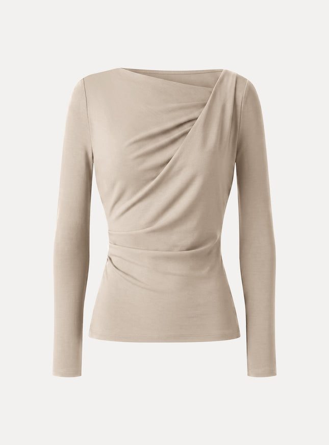 Asymmetrical Neck Long Sleeve Tucked-Waist Top