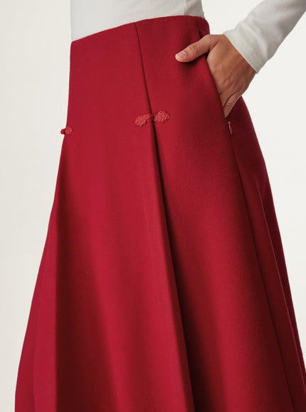 Wool-like Frog Button A-Line Midi Skirt Limited Edition
