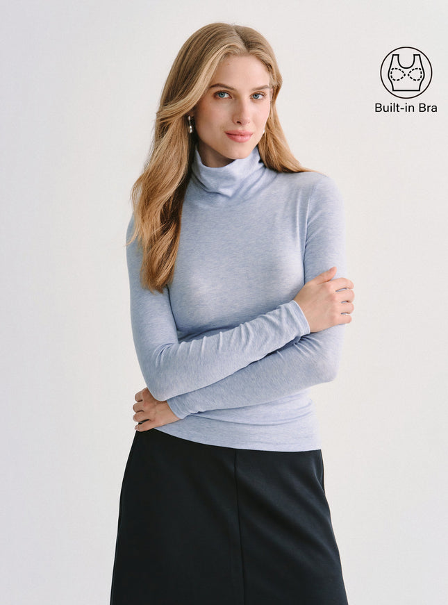 Lyocell-Wool Mock Neck Long Sleeve Built-In Bra Top
