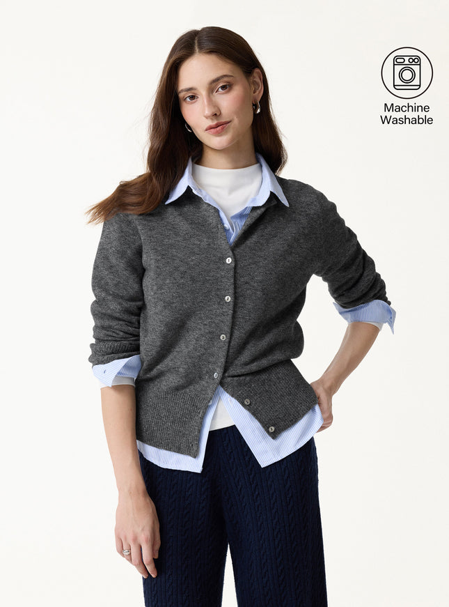 100% Merino Wool Crew Neck Long Sleeve Button-Front Cardigan