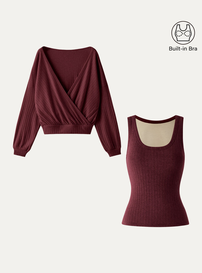 2Pcs Set MaxWarm U-Neck Built-In Bra Top & Crossover Banded Hem Top