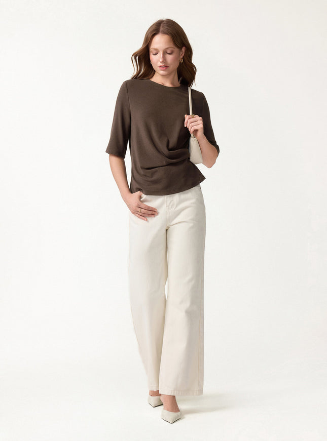 Round Neck Elbow Sleeve Side-Tuck Top