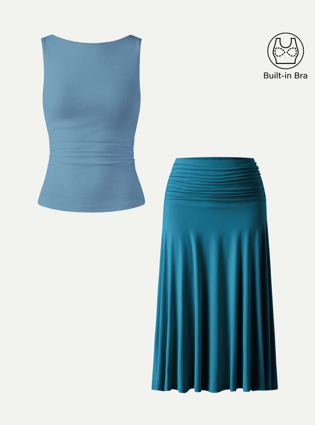 2Pcs Set Open Back Built-In Bra Tank & Side Ruched A-line Midi Skirt