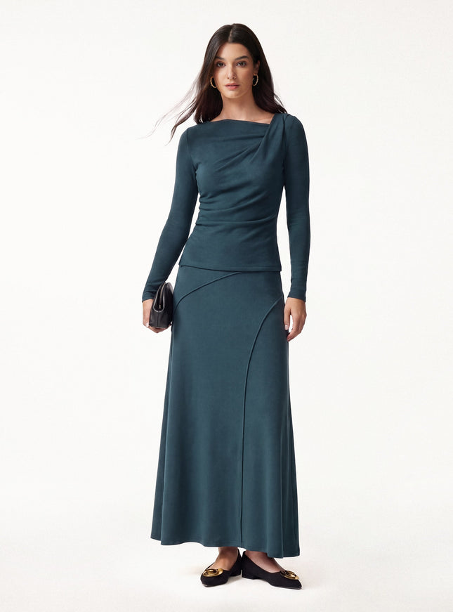 2Pcs Set Asymmetrical Neck Top & Drapey A-Line Midi Skirt