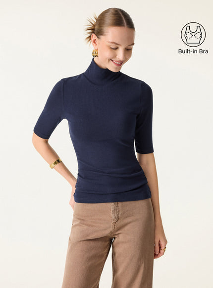 Essential Turtleneck Elbow Length Sleeve Built-In Bra Top - Midnight Navy