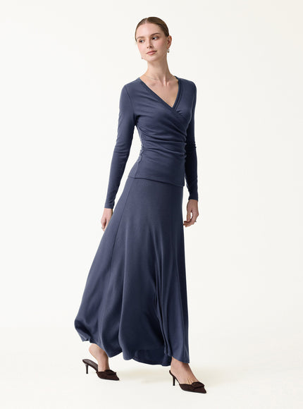 2Pcs Set Surplice Ruched Top & Blend Mid-Rise Umbrella Maxi Skirt