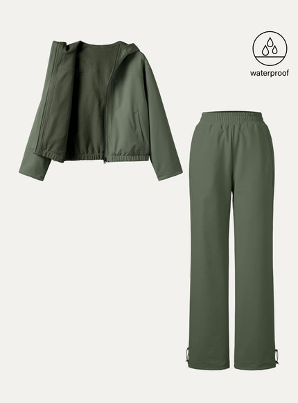 2Pcs Set Fleece Reversable Hooded Jacket & Fleece-Lined Elastic Waist Pants