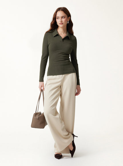 Office Staple V-Neck Lapel Long Sleeve Built-In Bra Top