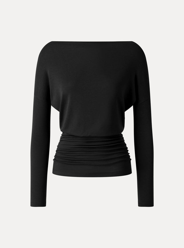 Lyocell-Wool Slash Neck Long Sleeve Ruched Banded Hem Top