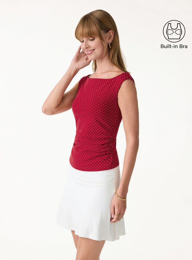 Stretch Cotton Polka Dot Boatneck Ruched Built-In Bra Top Limited Edition