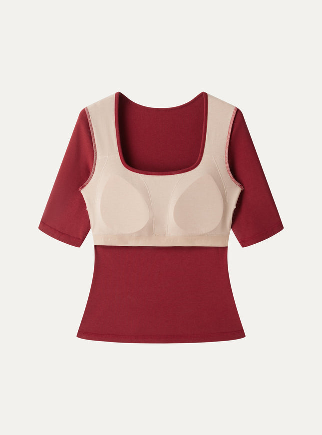 Square Neck Elbow Sleeve Built-In Bra Top