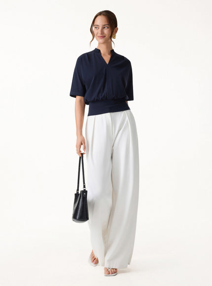 Stand Collar V-Neck Short Sleeve Top