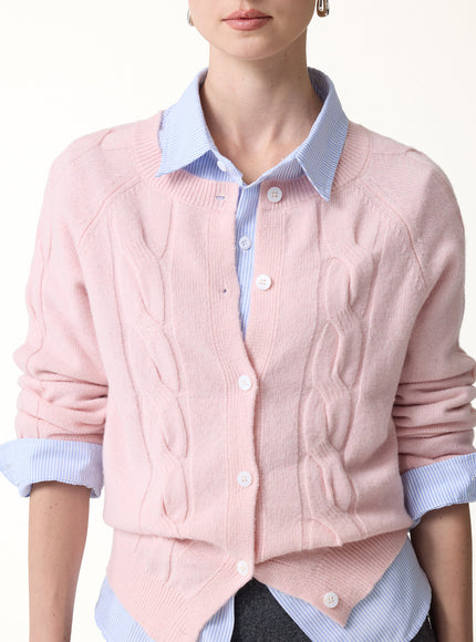 Merino-Blend Cable-Knit Crew Neck Long Sleeve Cardigan
