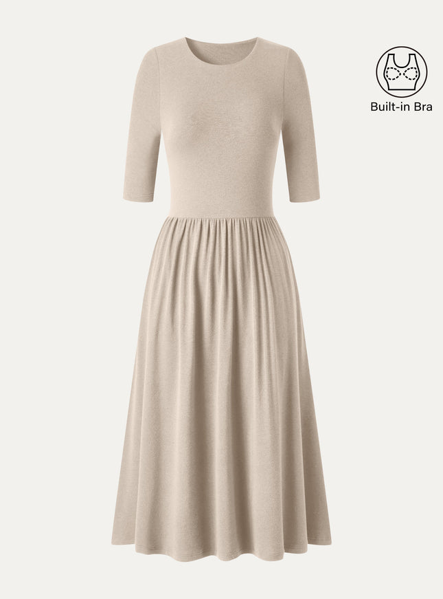 Round Neck Fit-and-Flare Midi Built-In Bra Dress with Pockets