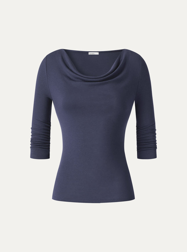 Lyocell-Wool Cowl Neck 3/4 Sleeve Ruched Cuff Top