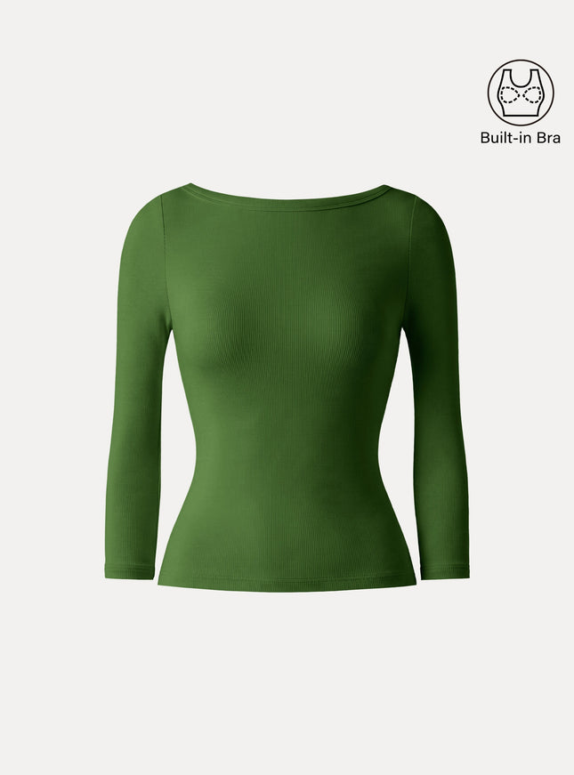 ® Boatneck 3/4 Sleeve Built-In Bra Top