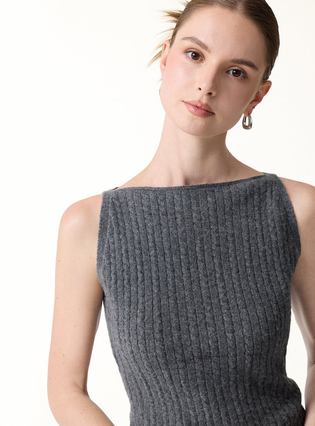 2Pcs Set Sleeveless Cable-Knit Sweater Tank & Drawstring Wide-Leg Knit Pants