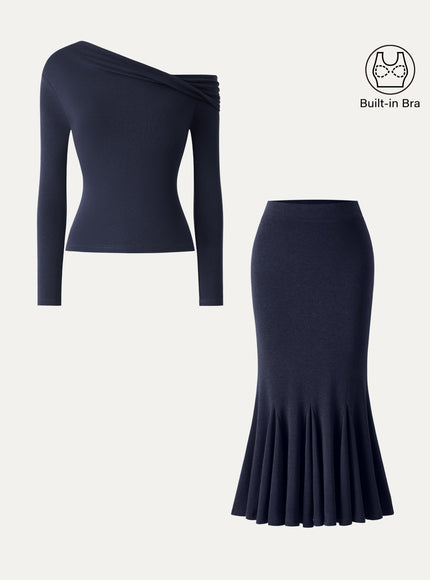 2Pcs Set Convertible Neck Built-In Bra Top & High-Rise Mermaid Midi Skirt