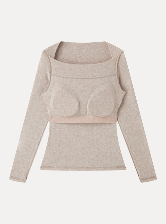 Lyocell-Wool Trapeze Neck Long Sleeve Built-In Bra Top