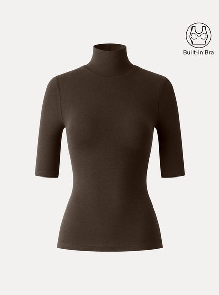 Essential Turtleneck Elbow Length Sleeve Built-In Bra Top - Midnight Navy