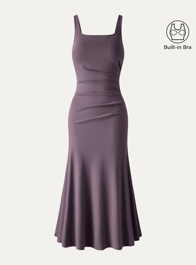 Square Neck Tucked Open Back Built-In Bra Dress