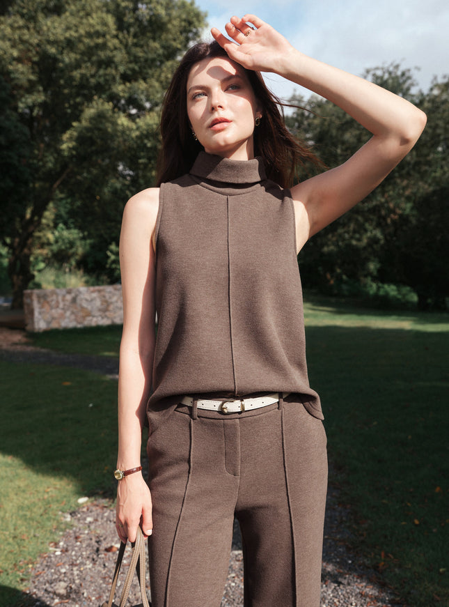 2Pcs Set Tall Turtle Neck Split Hem Top & High Waisted Warm Straight Leg Pull On Pant