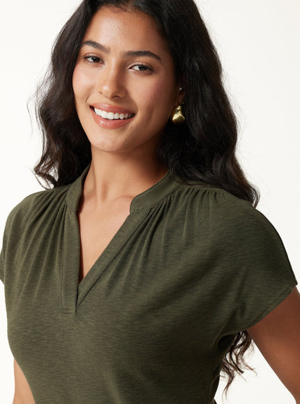 Neck Short Sleeve Belted Midi Dress