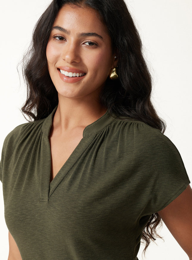 Neck Short Sleeve Belted Midi Dress