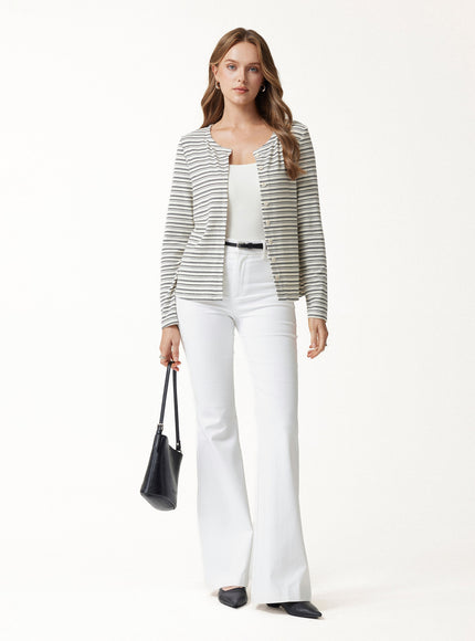 Stripe Round Neck Long Sleeve Button-Up Cardigan