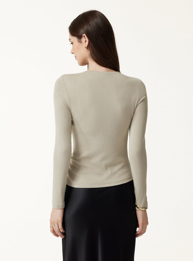 Round Neck Long Sleeve Twist-Hem Built-In Bra Top