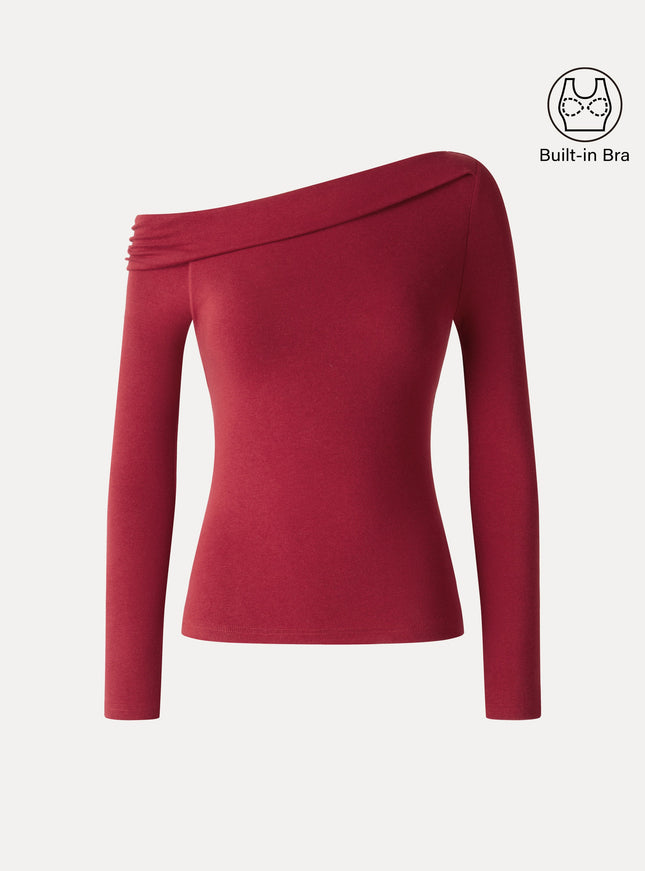 Asymmetrical Neck Long Sleeve Built-In Bra Top