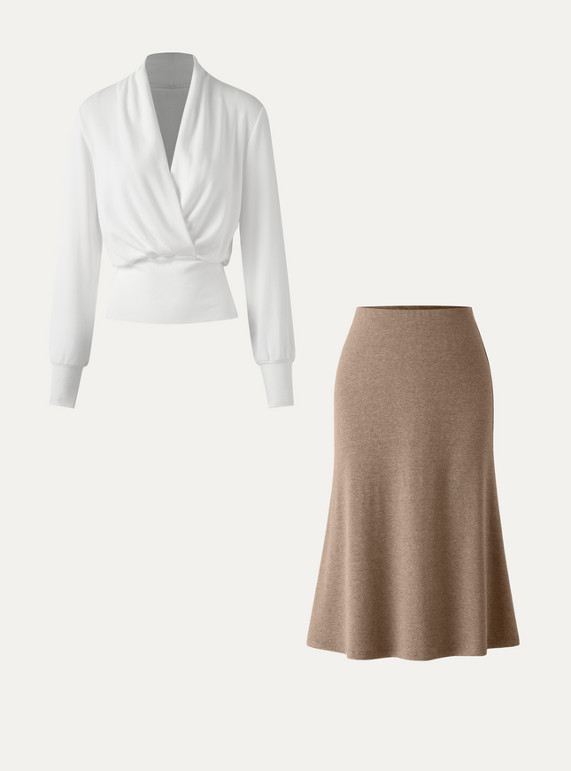 2Pcs Set Surplice Banded Hem Top & Soft Pull-On Midi Skirt