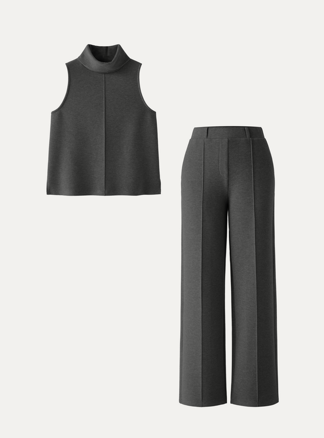 2Pcs Set Tall Turtle Neck Split Hem Top & High Waisted Warm Straight Leg Pull On Pant