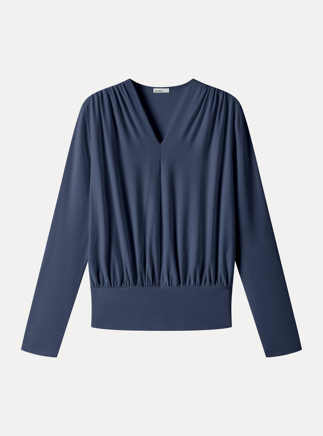 V-Neck Long Sleeve Ruched Banded Hem Top