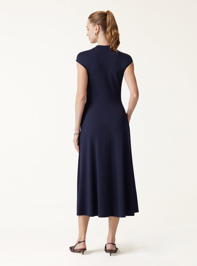 Ponte Mock Neck Ruched A-Line Midi Dress with Pockets
