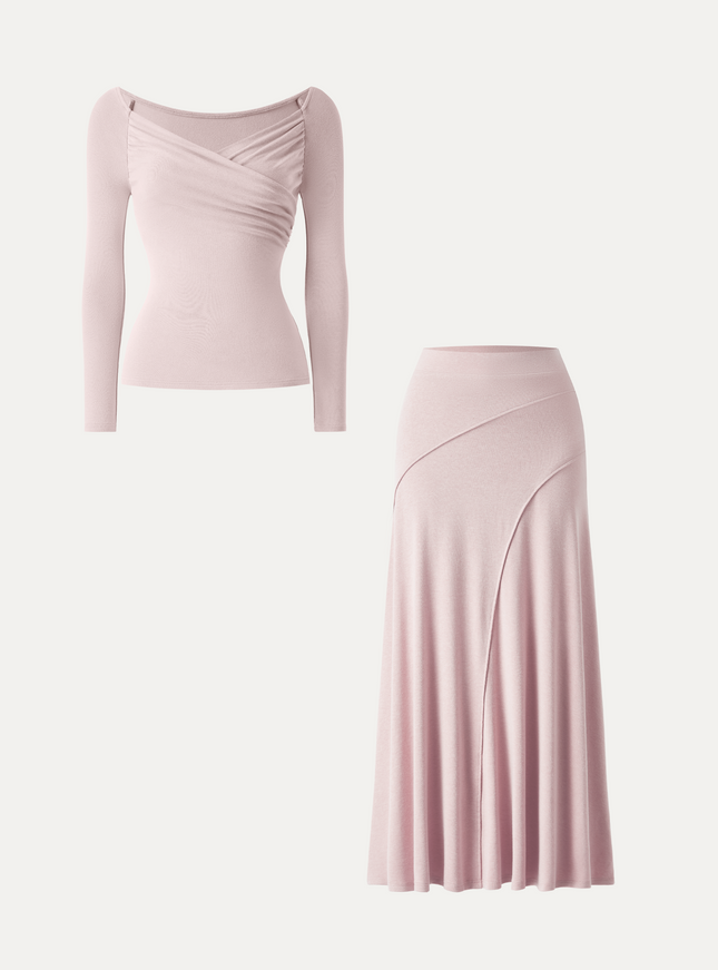 2Pcs Set Surplice Long Sleeve Ruched Top & A-Line Midi Skirt