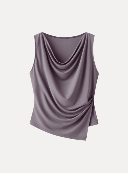 Cowl Neck Asymmetrical Tucked Sleeveless Top