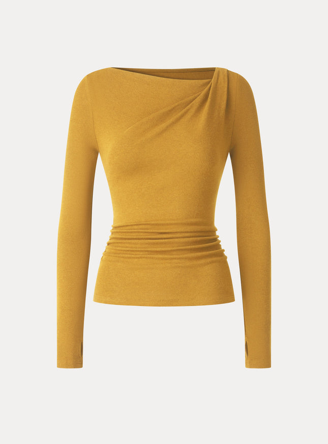 Asymmetrical Neck Long Sleeve Ruched Top