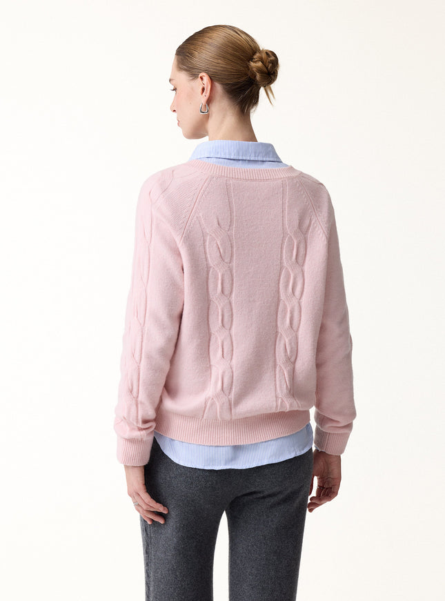 Merino-Blend Cable-Knit Crew Neck Long Sleeve Cardigan