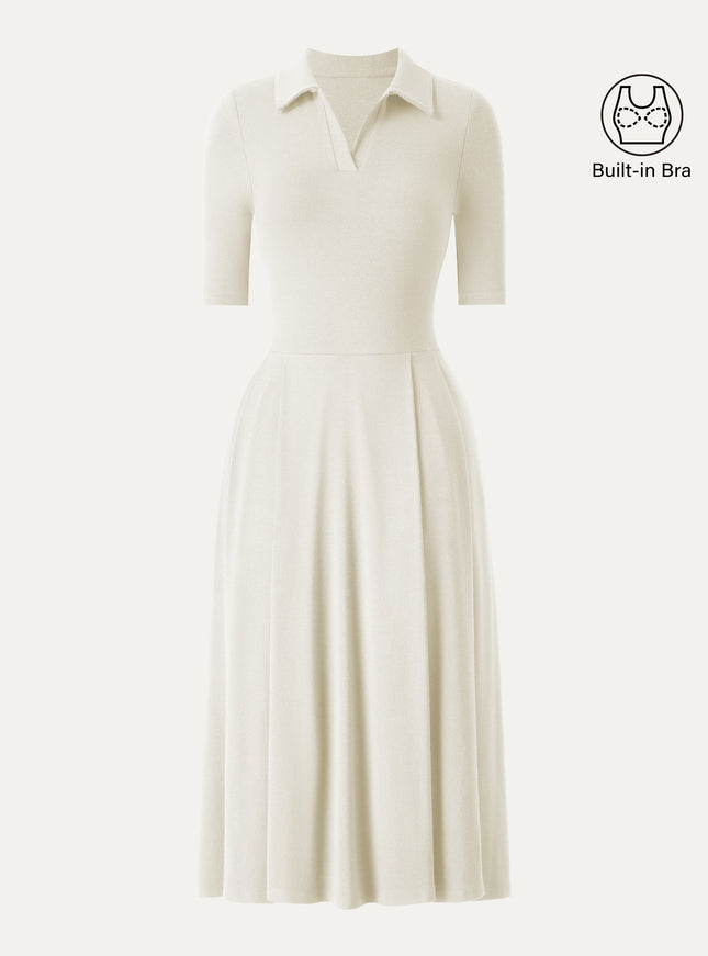 Polo Neck Elbow Length Sleeve Midi Built-In Bra Dress with Pockets