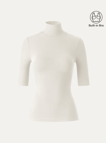 Essential Turtleneck Elbow Length Sleeve Built-In Bra Top - Midnight Navy