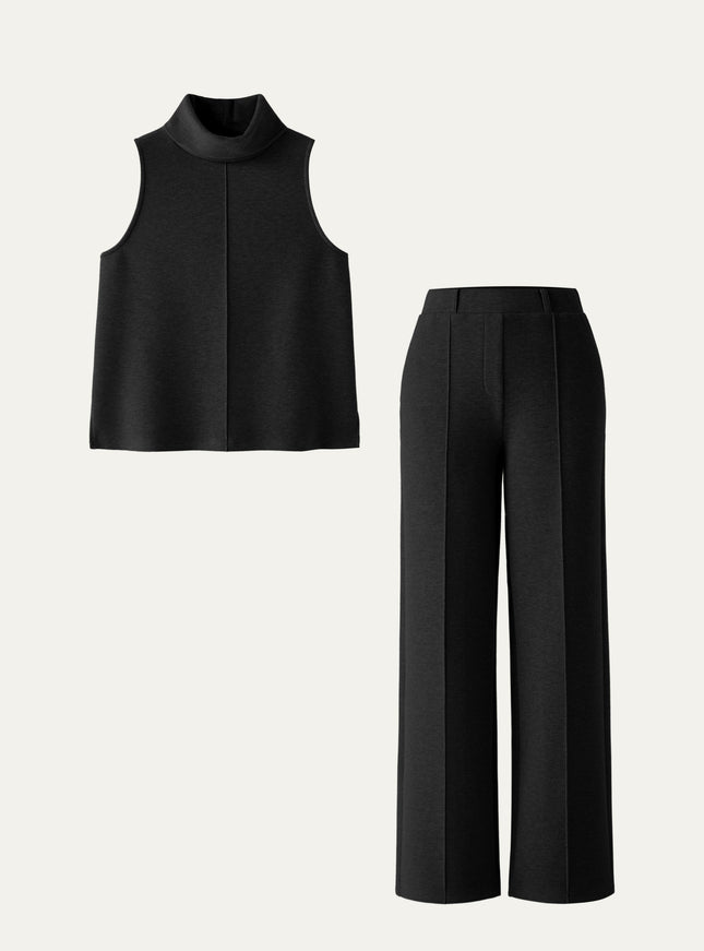 2Pcs Set Regular Split Hem Top & High Waisted Warm Straight Leg Pull On Pant
