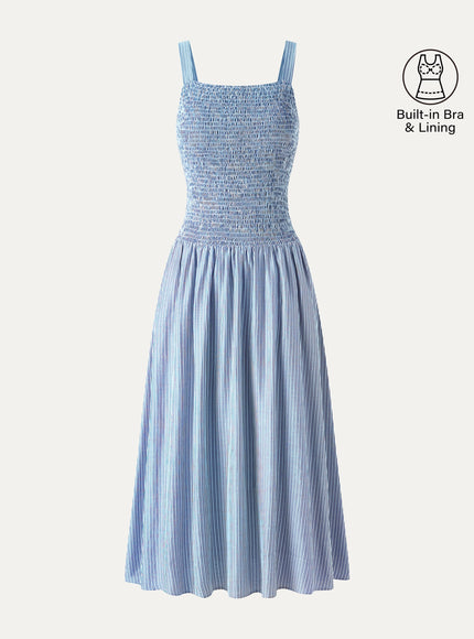 Striped Poplin Square Neck Smocked Midi Built-In Bra Dress