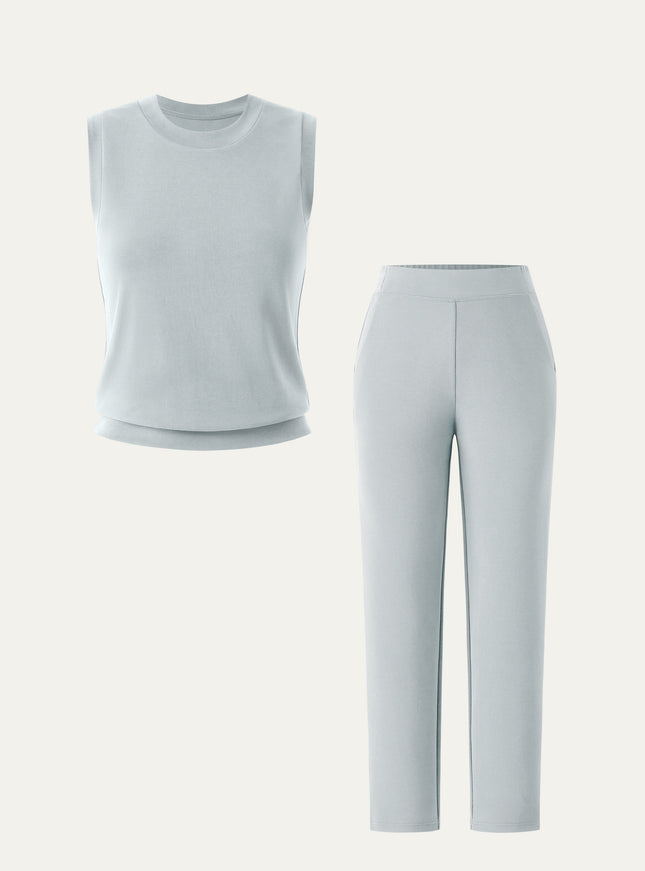 2Pcs Set Crewneck Tee & Mid Rise Tapered with Pockets