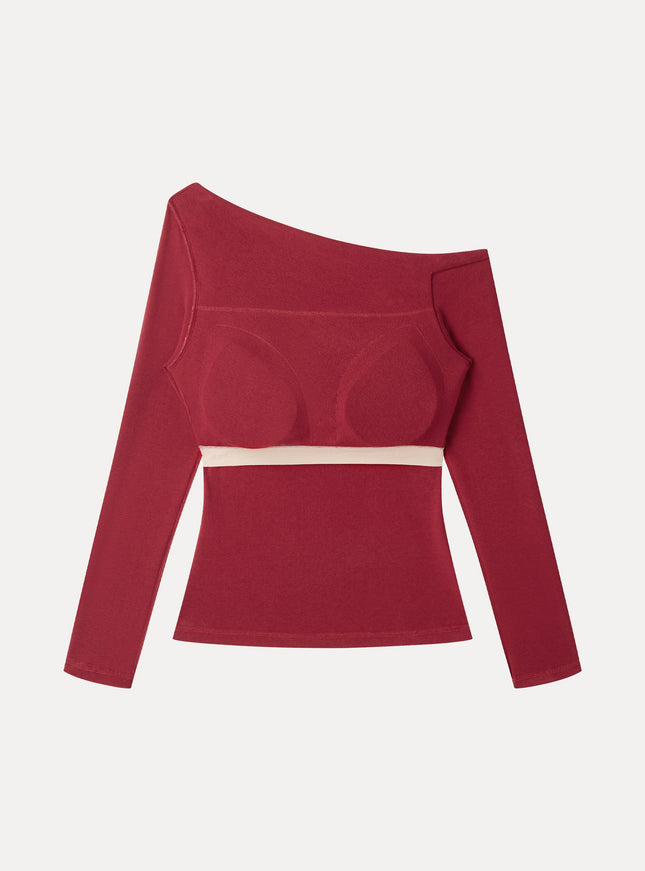 Asymmetrical Neck Long Sleeve Built-In Bra Top
