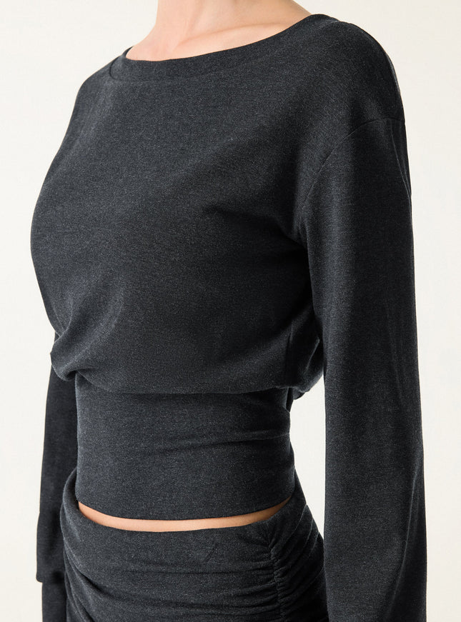 2Pcs Set Boatneck Built-In Bra & Drapey Wide Leg Pull-on Pants with Pockets