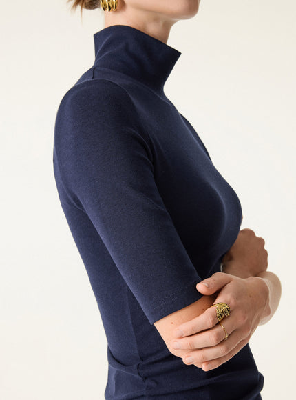 Essential Turtleneck Elbow Length Sleeve Built-In Bra Top - Midnight Navy